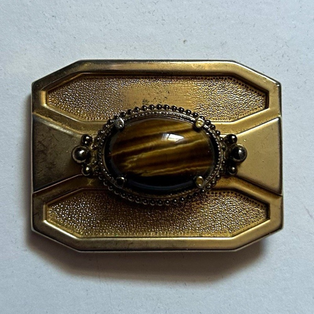 Vintage Gold Tone Metal Rectangular Belt Buckle with Oval Stone Center